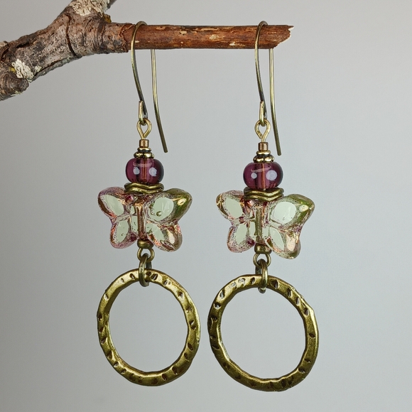Earth Art hand crafted artisan Jewelry - HAND CRAFTED Artisan Glass Green Purple Butterfly Hoop Dangle Earrings